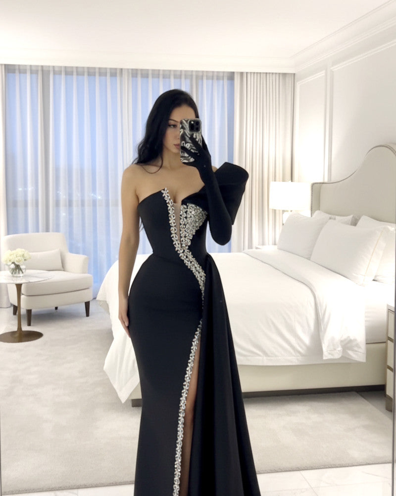One Sleeve Bardot Crystal Maxi Dress Black