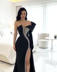 One Sleeve Bardot Crystal Maxi Dress Black