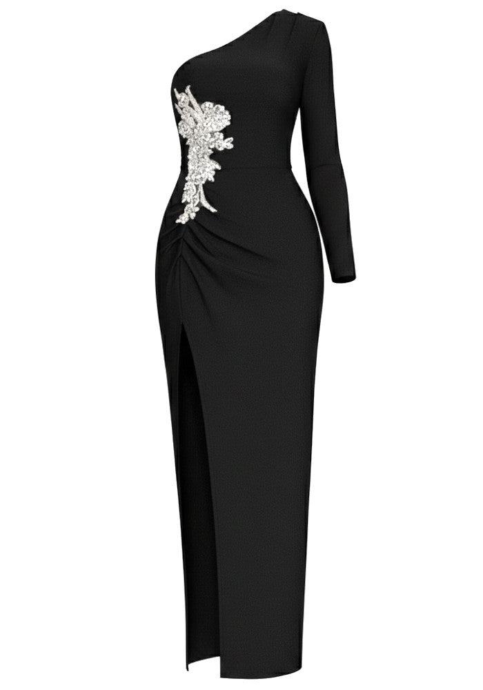 One Sleeve Crystal Floral Detail Maxi Dress Black
