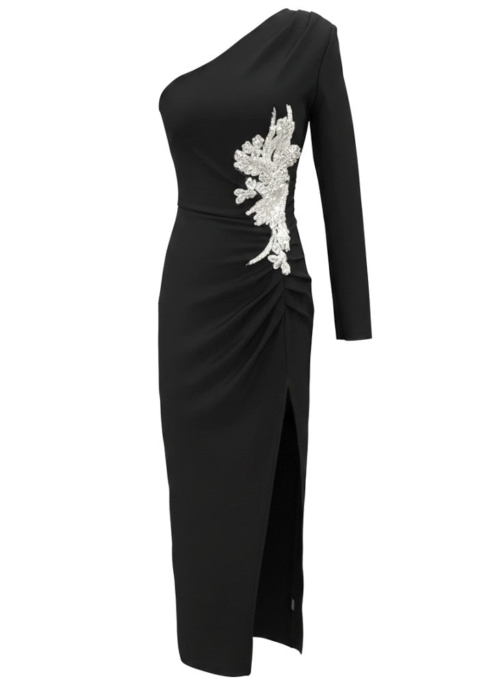One Sleeve Floral Embellished Maxi Dress Black