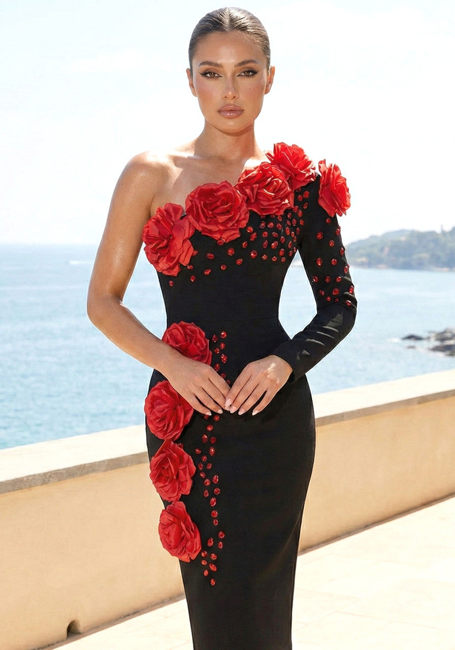 One Sleeve Floral Crystal Maxi Dress Black Red