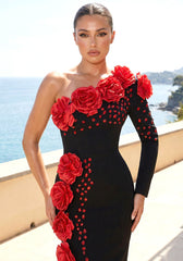 One Sleeve Floral Crystal Maxi Dress Black Red