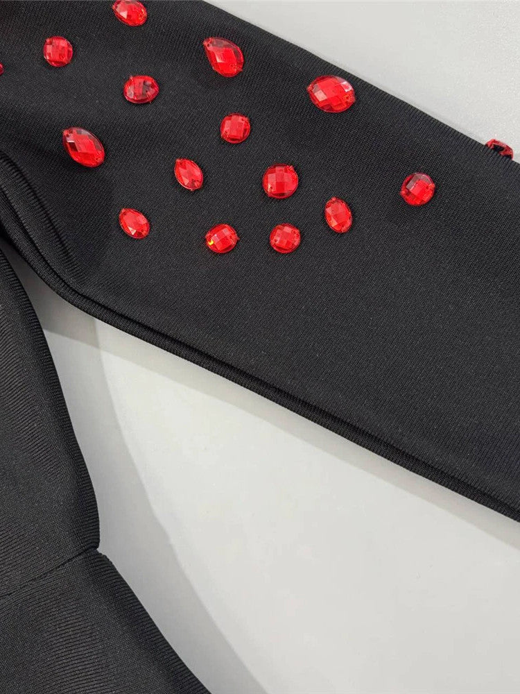 One Sleeve Floral Crystal Maxi Dress Black Red