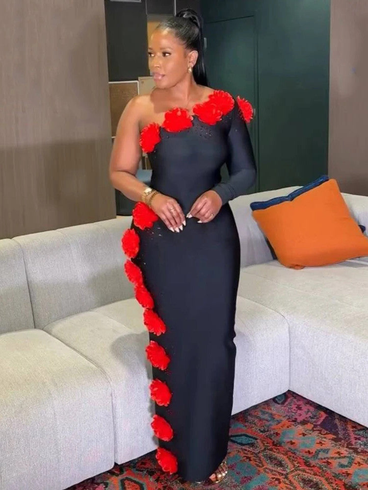 One Sleeve Floral Crystal Maxi Dress Black Red