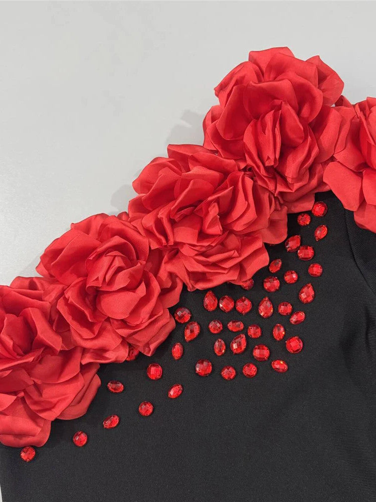 One Sleeve Floral Crystal Maxi Dress Black Red