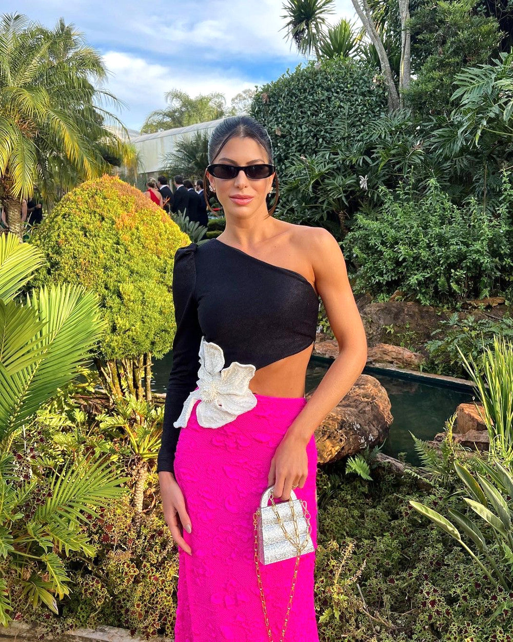 One Sleeve Flower Maxi Dress Black Hot Pink