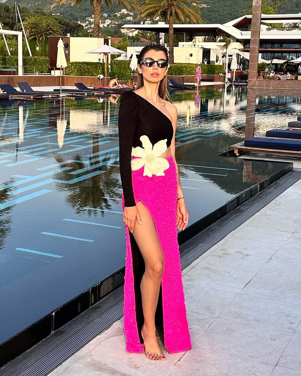 One Sleeve Flower Maxi Dress Black Hot Pink