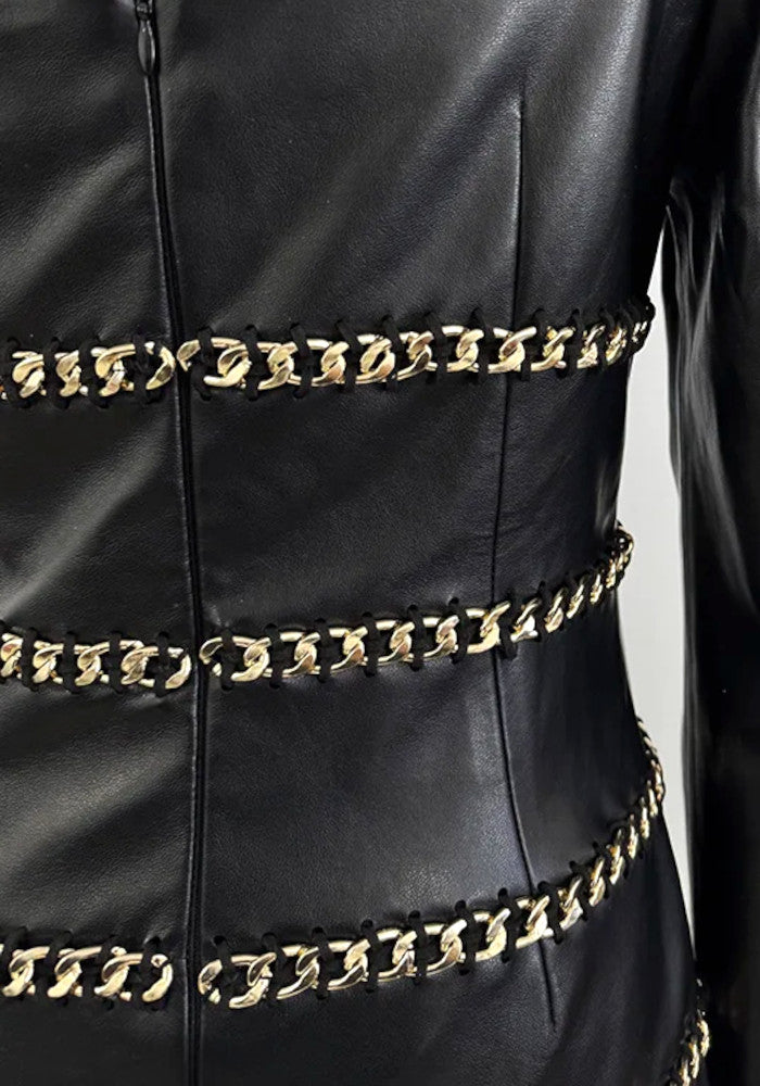 One Sleeve Ruffle Chain Detail Faux Leather Dress Black