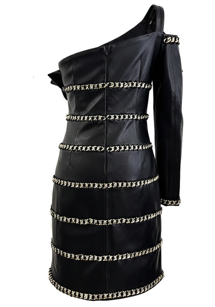 One Sleeve Ruffle Chain Detail Faux Leather Dress Black