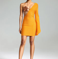 One Sleeve Sequin Floral Bustier Dress Orange