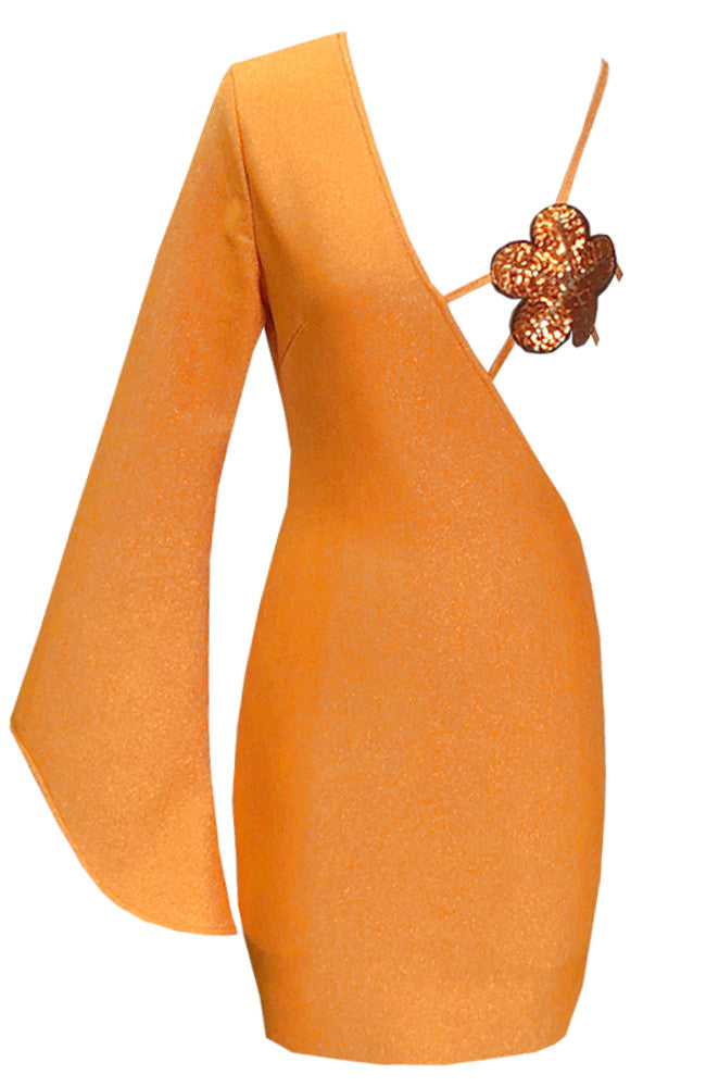 One Sleeve Sequin Floral Bustier Dress Orange