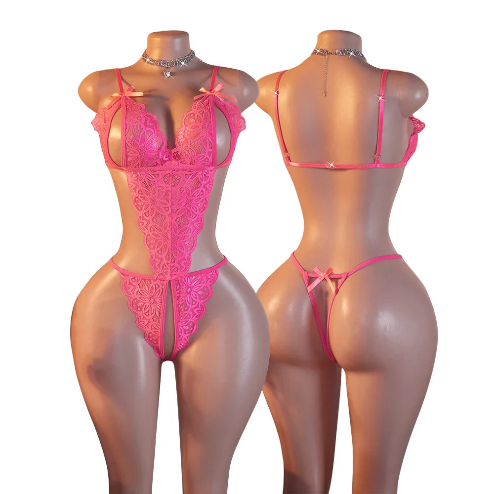 Open Chest Bodysuit Crotchless Adult Erotic Lingerie Lace V-neck Perspective Underwear Valentine's Gift