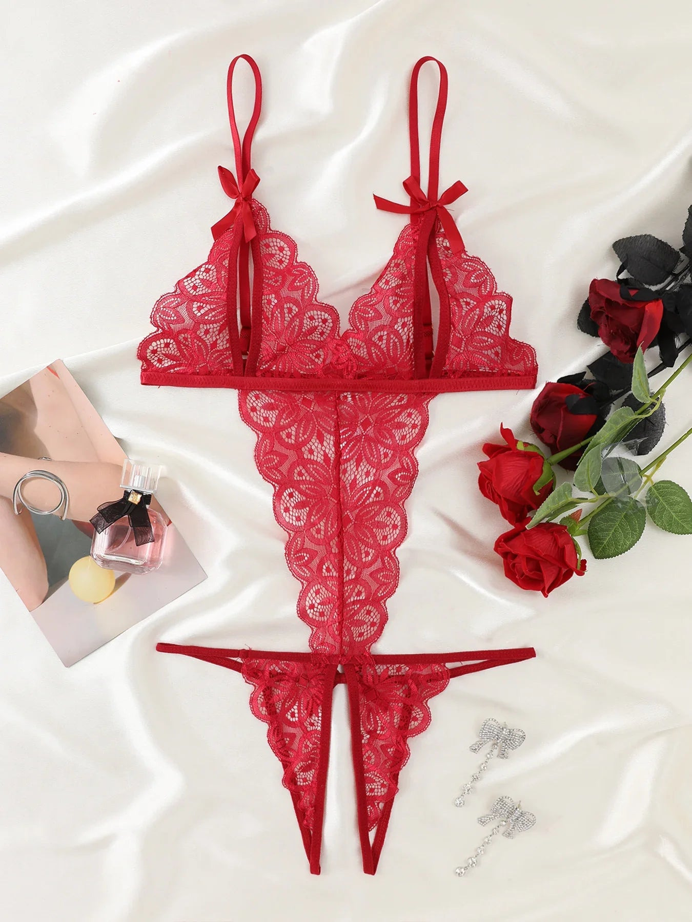 Open Chest Bodysuit Crotchless Adult Erotic Lingerie Lace V-neck Perspective Underwear Valentine's Gift