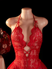 Open Crotch Adult Underwear Flower Bow Deep V-neck No Limit Transparent Bodysuits Lace Backless Babydoll Lingerie