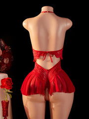 Open Crotch Adult Underwear Flower Bow Deep V-neck No Limit Transparent Bodysuits Lace Backless Babydoll Lingerie