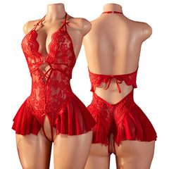 Open Crotch Adult Underwear Flower Bow Deep V-neck No Limit Transparent Bodysuits Lace Backless Babydoll Lingerie
