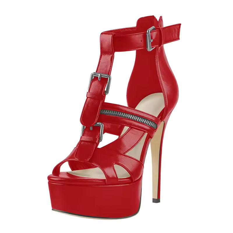 Open Toe Metal Buckle Zipper Decoration Hollow Matte Thin High Heel Platform Sandals