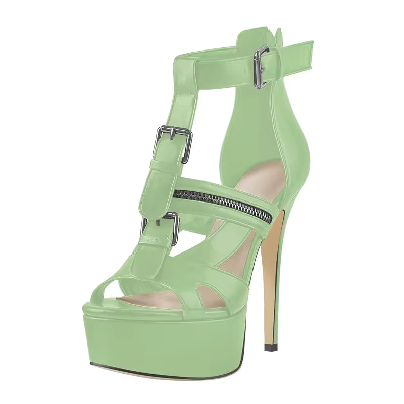 Open Toe Metal Buckle Zipper Decoration Hollow Matte Thin High Heel Platform Sandals
