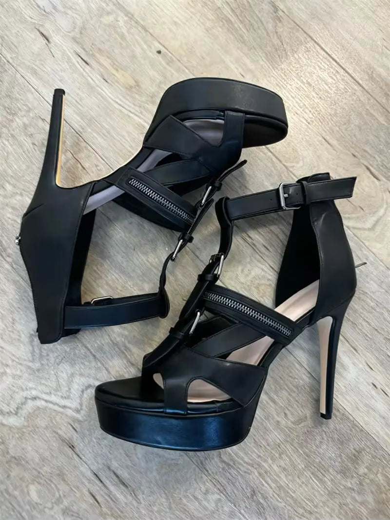 Open Toe Metal Buckle Zipper Decoration Hollow Matte Thin High Heel Platform Sandals