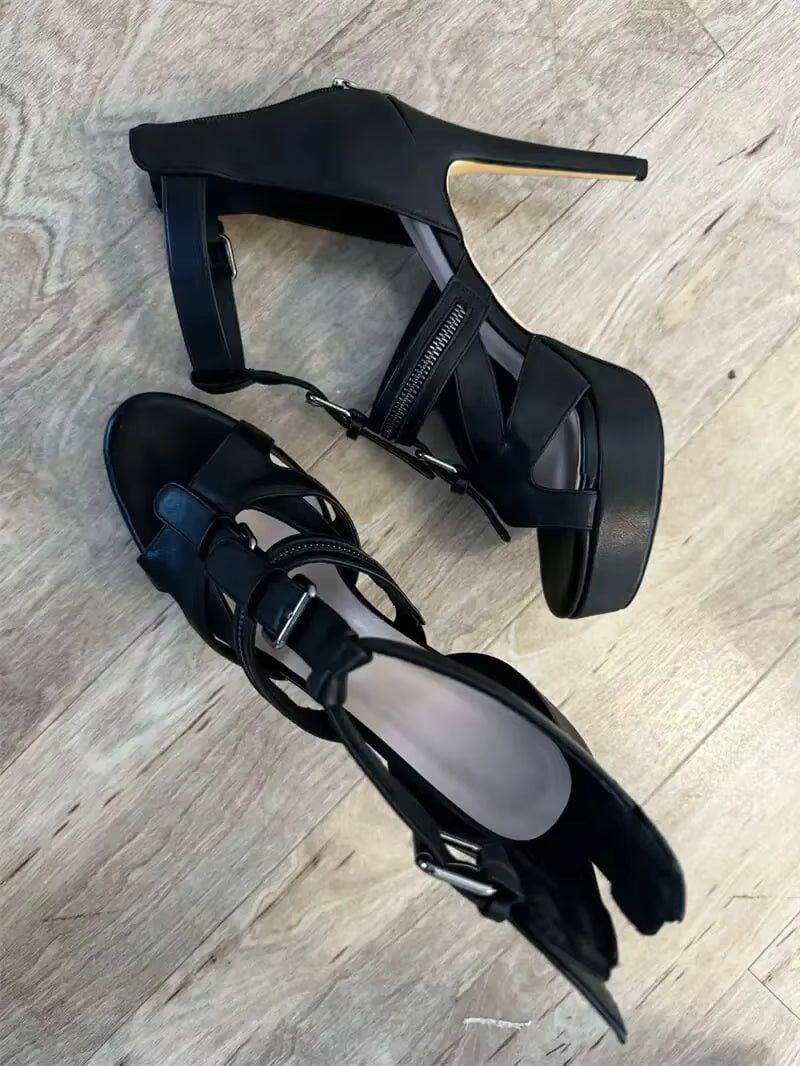 Open Toe Metal Buckle Zipper Decoration Hollow Matte Thin High Heel Platform Sandals