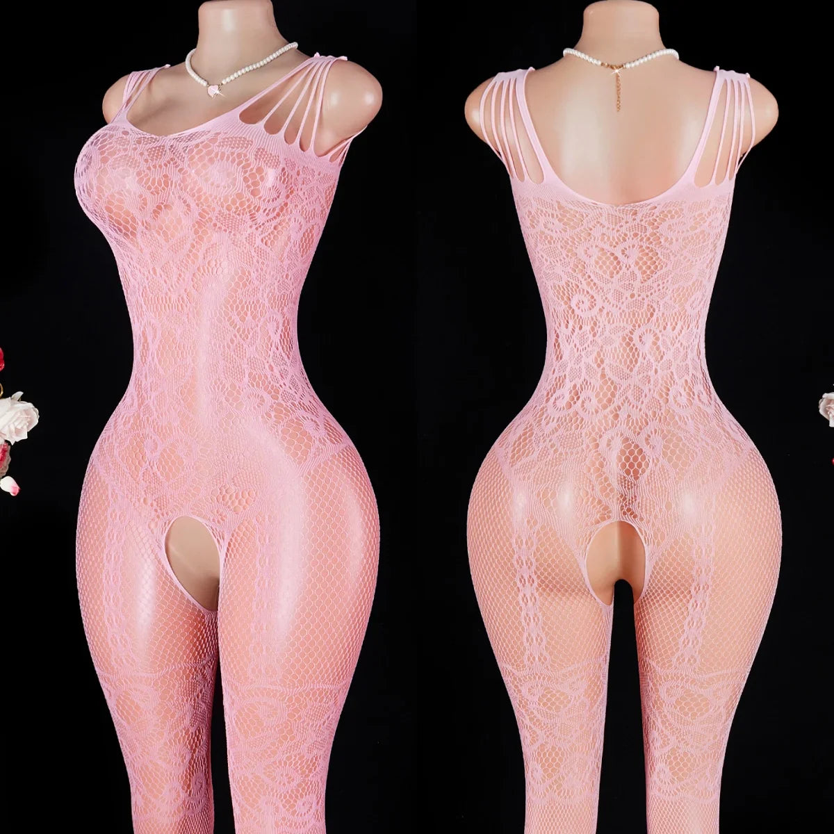 Open-knit one-piece fishnet stockings open-front sheer lace-up lingerie backless bodysuit crotchless lenceria erotica mujer