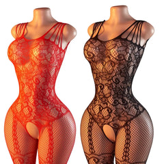 Open-knit one-piece fishnet stockings open-front sheer lace-up lingerie backless bodysuit crotchless lenceria erotica mujer
