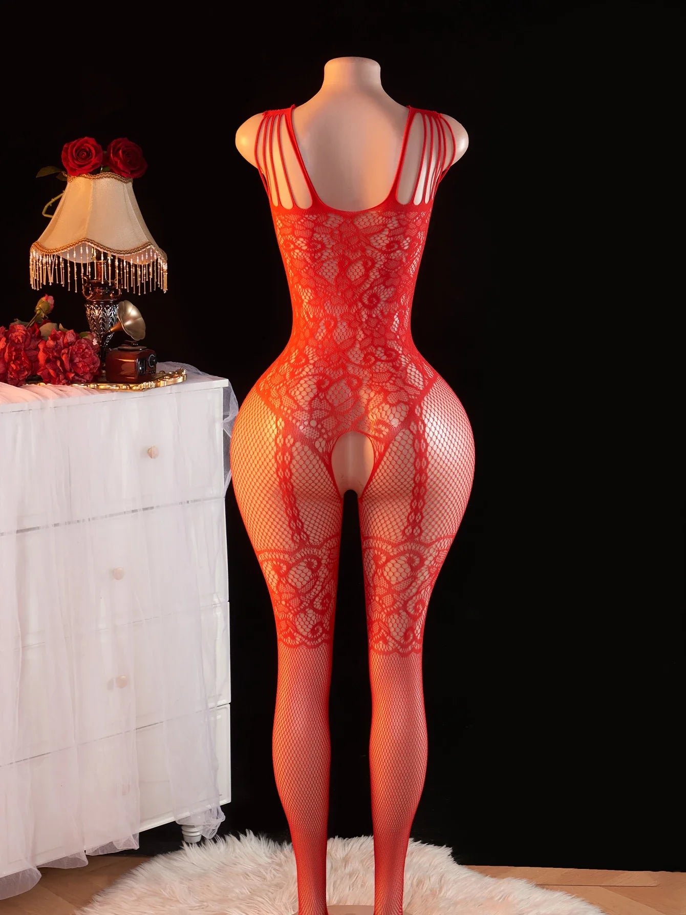 Open-knit one-piece fishnet stockings open-front sheer lace-up lingerie backless bodysuit crotchless lenceria erotica mujer