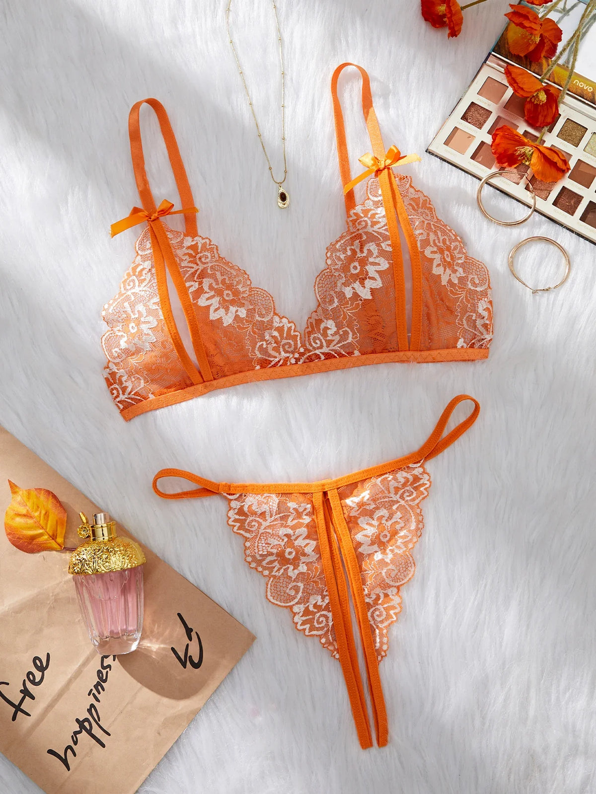 Orange Lace Contrast Lingerie