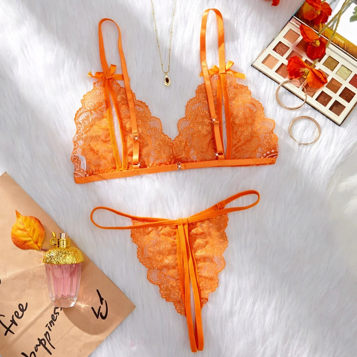 Orange Lingerie Transparent Bra Set Erotic Crotchless Embroidered Underwear Cute Open Crotch Thong Lace Suit 2024