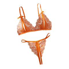 Orange Lingerie Transparent Bra Set Erotic Crotchless Embroidered Underwear Cute Open Crotch Thong Lace Suit 2024