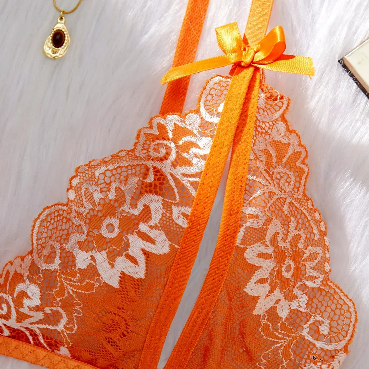 Orange Lingerie Transparent Bra Set Erotic Crotchless Embroidered Underwear Cute Open Crotch Thong Lace Suit 2024