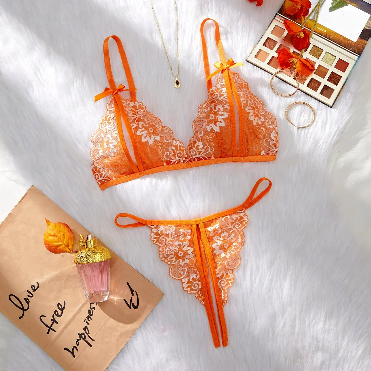 Orange Lingerie Transparent Bra Set Erotic Crotchless Embroidered Underwear Cute Open Crotch Thong Lace Suit 2024