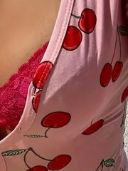 Pajamas Onesies Bodysuit Casual Cherry Print V-neck Front Button Long Sleeve Slim Fit Jumpsuit Sleepwear