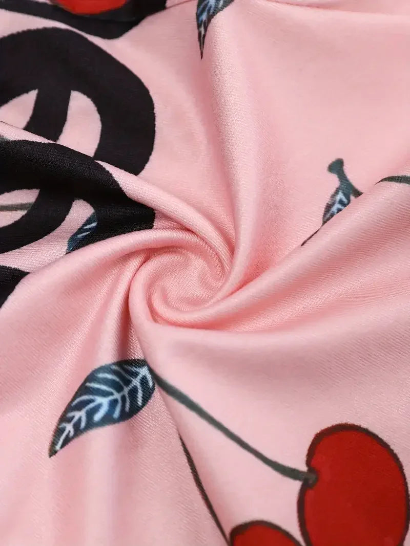 Pajamas Onesies Bodysuit Casual Cherry Print V-neck Front Button Long Sleeve Slim Fit Jumpsuit Sleepwear