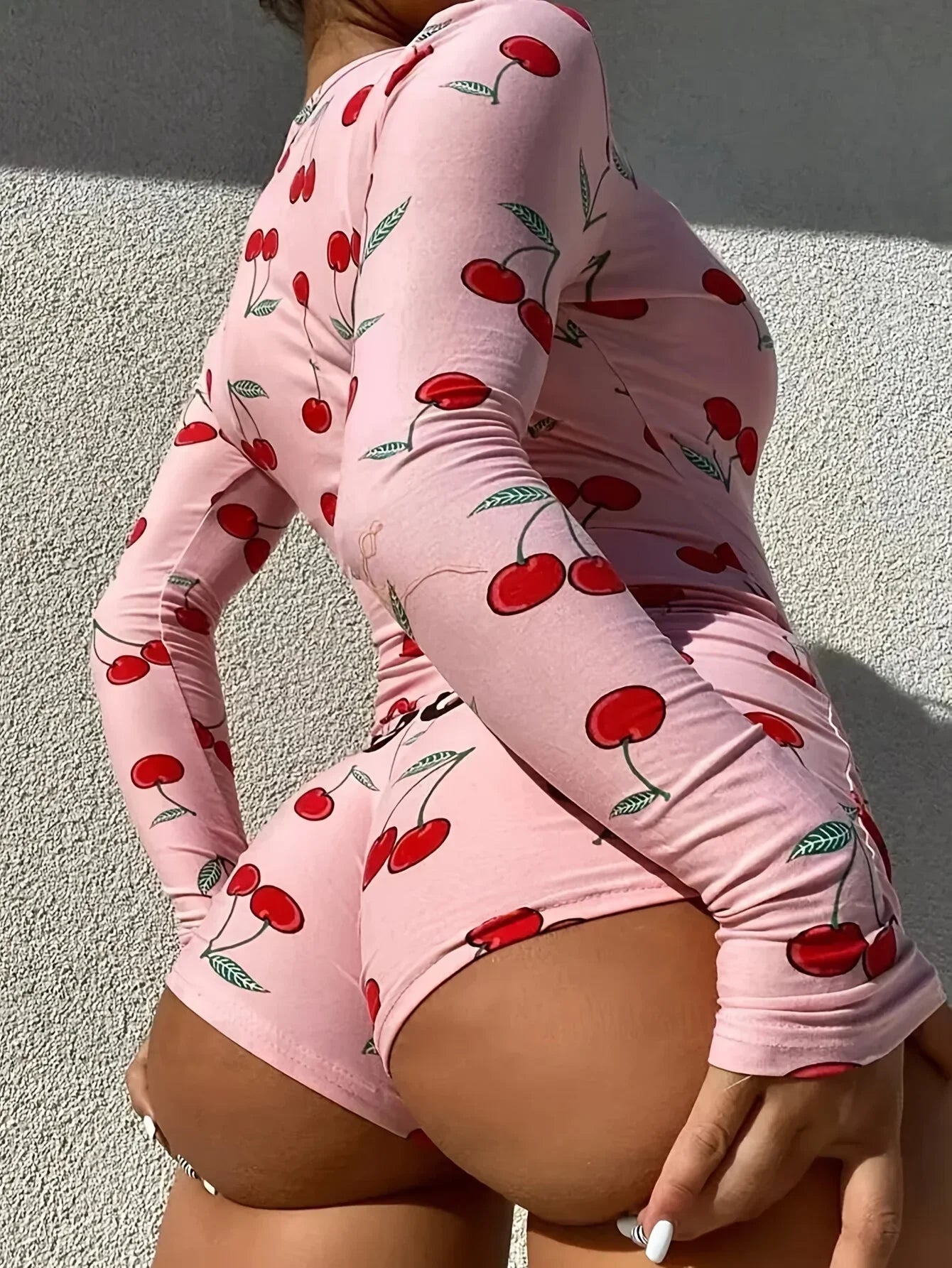 Pajamas Onesies Bodysuit Casual Cherry Print V-neck Front Button Long Sleeve Slim Fit Jumpsuit Sleepwear