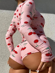Pajamas Onesies Bodysuit Casual Cherry Print V-neck Front Button Long Sleeve Slim Fit Jumpsuit Sleepwear