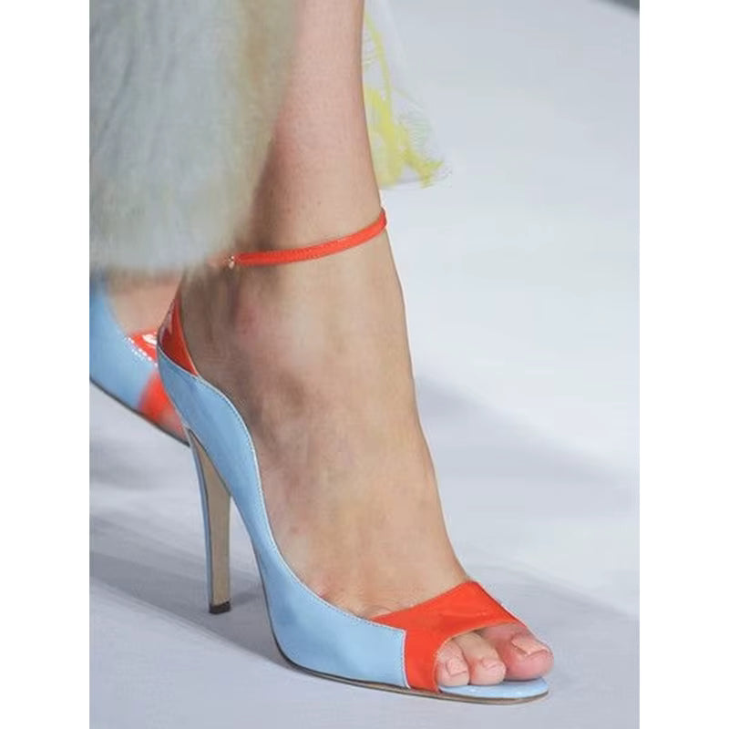 Patent Leather Patchwork Pumps Stilettos High Heel Ankle Strap Sandals