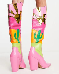 Patchwork Zipper Leather Knee High Pointed Toe Block Chunky Heels Boots
