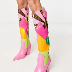 Patchwork Zipper Leather Knee High Pointed Toe Block Chunky Heels Boots