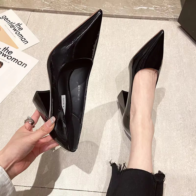 Patent Leather Slip-On Chunky Heels Temperament Pointed Toe Wedding Shoes