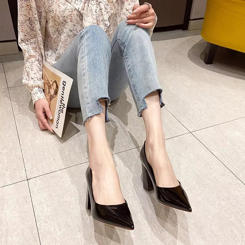 Patent Leather Slip-On Chunky Heels Temperament Pointed Toe Wedding Shoes