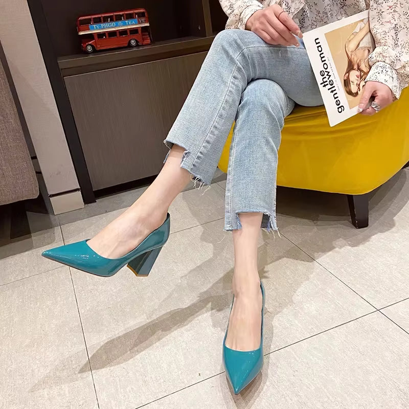 Patent Leather Slip-On Chunky Heels Temperament Pointed Toe Wedding Shoes