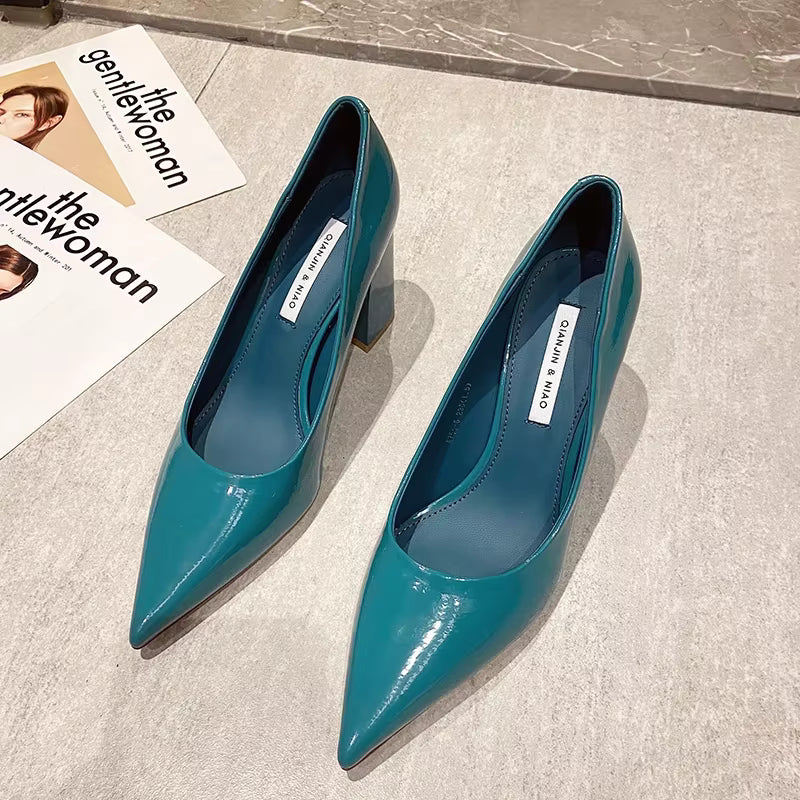 Patent Leather Slip-On Chunky Heels Temperament Pointed Toe Wedding Shoes