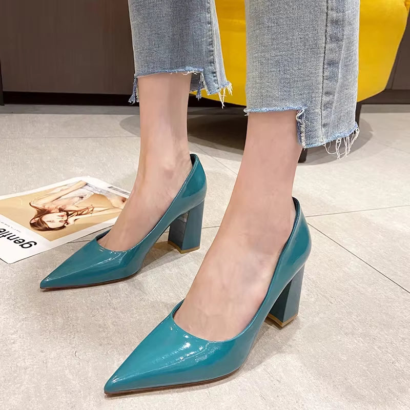 Patent Leather Slip-On Chunky Temperament Pointed ToeHigh Heels