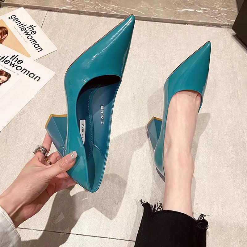 Patent Leather Slip-On Chunky Temperament Pointed ToeHigh Heels