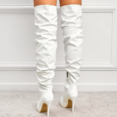 Patent Leather Solid Pointed Toe Stiletto Side Zipper High Heel Knee Boots