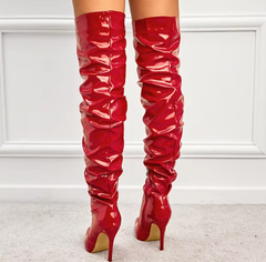 Patent Leather Solid Pointed Toe Stiletto Side Zipper High Heel Knee Boots