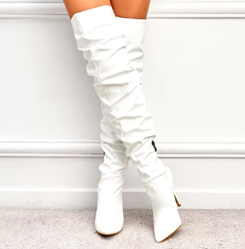 Patent Leather Solid Pointed Toe Stiletto Side Zipper High Heel Knee Boots