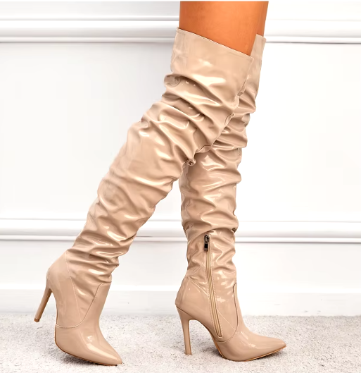 Patent Leather Solid Pointed Toe Stiletto Side Zipper High Heel Knee Boots