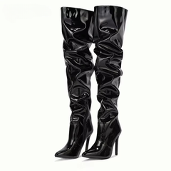 Patent Leather Solid Pointed Toe Stiletto Side Zipper High Heel Knee Boots